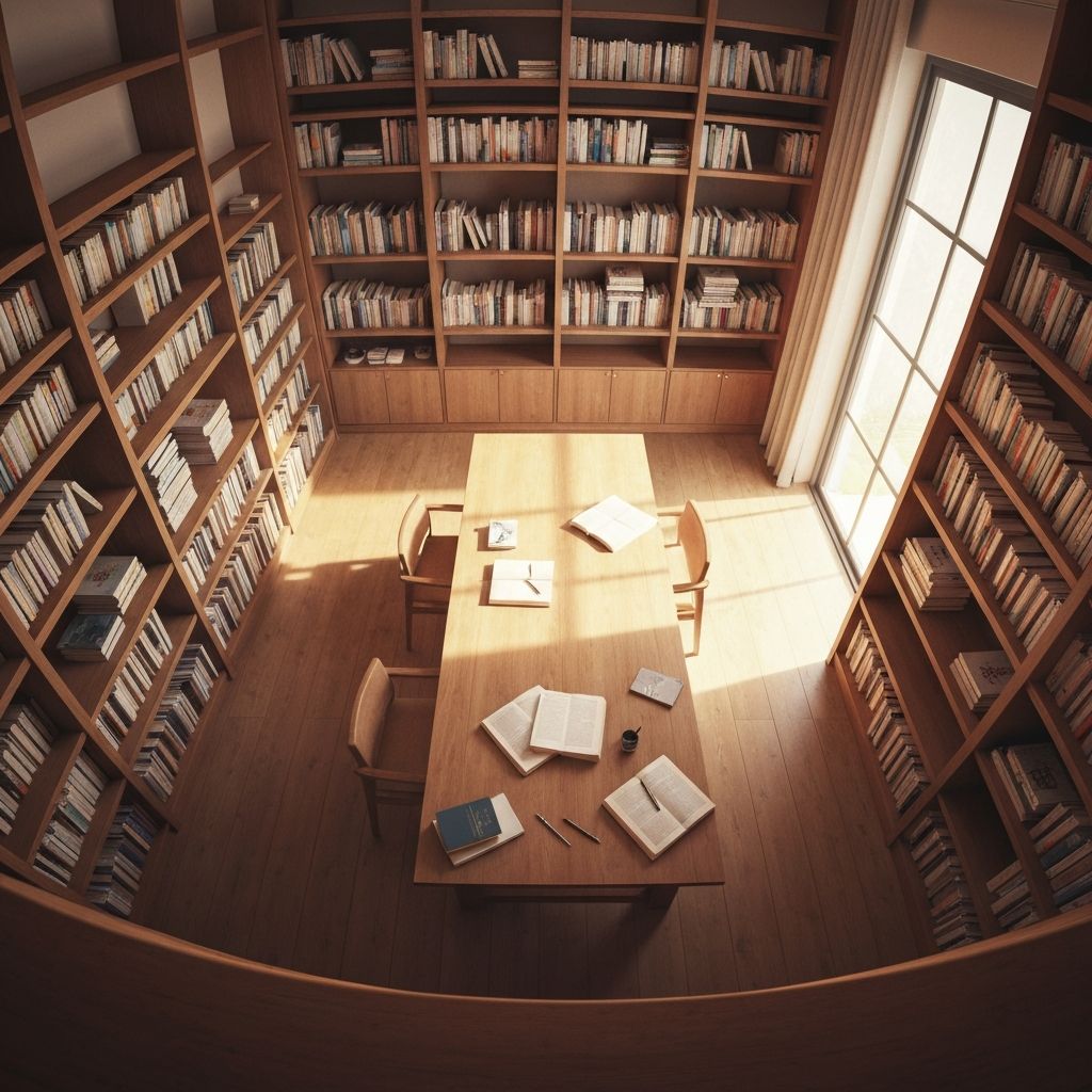 A calm library or study environment with books and natural light