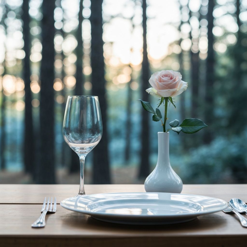 A calm dining setting with a single place setting and natural elements