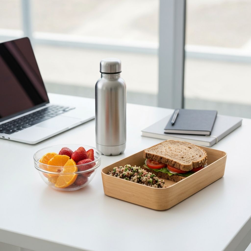 An office desk with a simple lunch arrangement and work materials